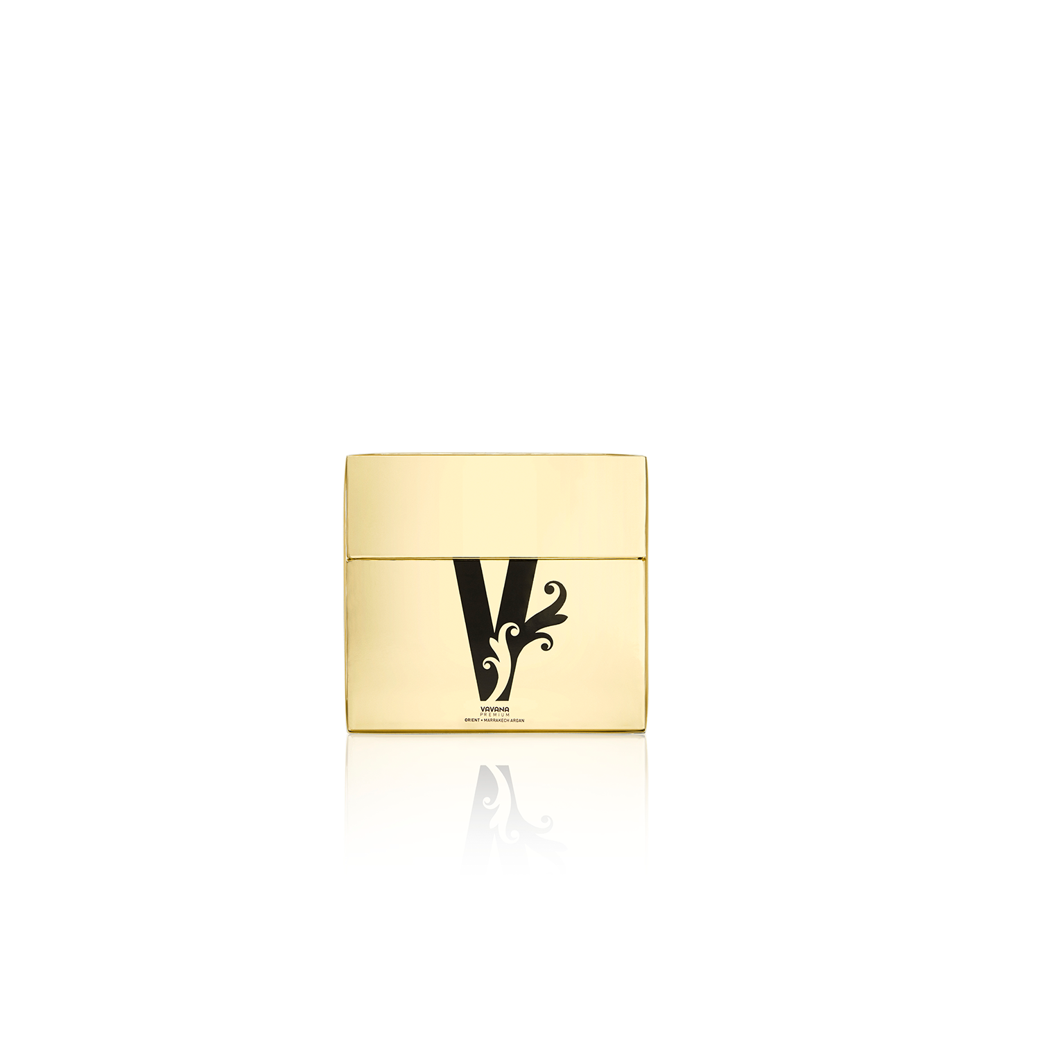 goldene, edle verpackung mit schwarzem vavana logo. spiegelnder schatten der verpackung im weissen hintergrund.