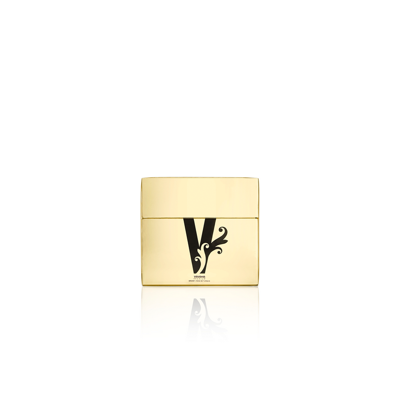 goldene, edle verpackung mit schwarzem vavana logo. spiegelnder schatten der verpackung im weissen hintergrund.