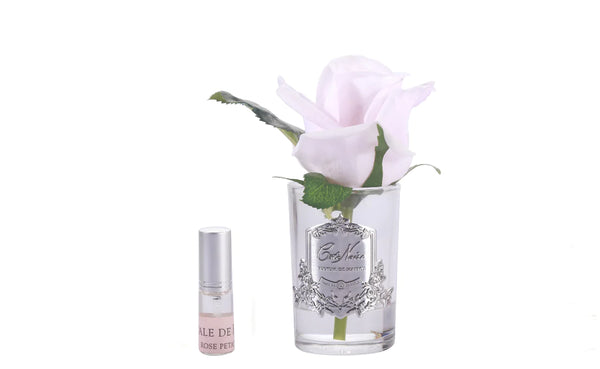 french pink single rose in glas mit silbernem emblem neben rose petal duftspray. weisser hintergrund.