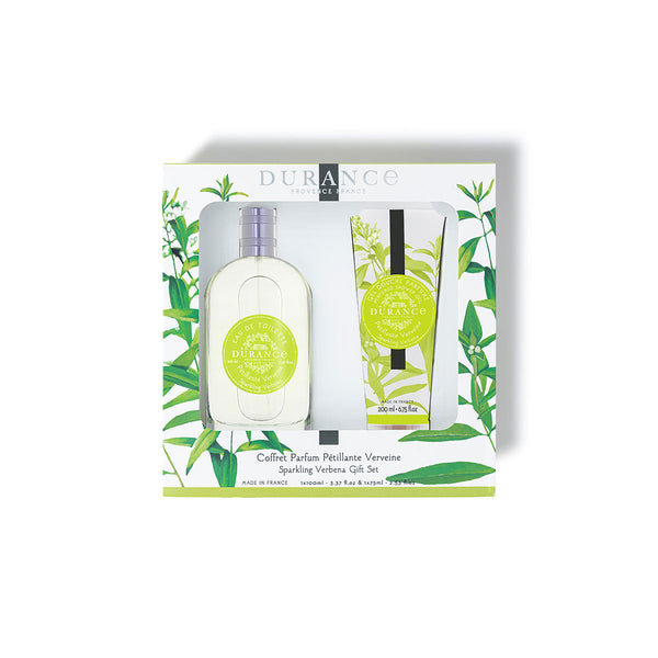 edle verpackung  bestehend aus Verbene duschgel und Eau de toilette  sichtbar auf weisse grund